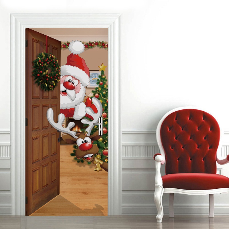 Zzz 2pcs / set Stiker Dinding / Pintu / Kulkas Motif Santa Claus / Rusa Natal 3D Anti Air Untuk Dekorasi