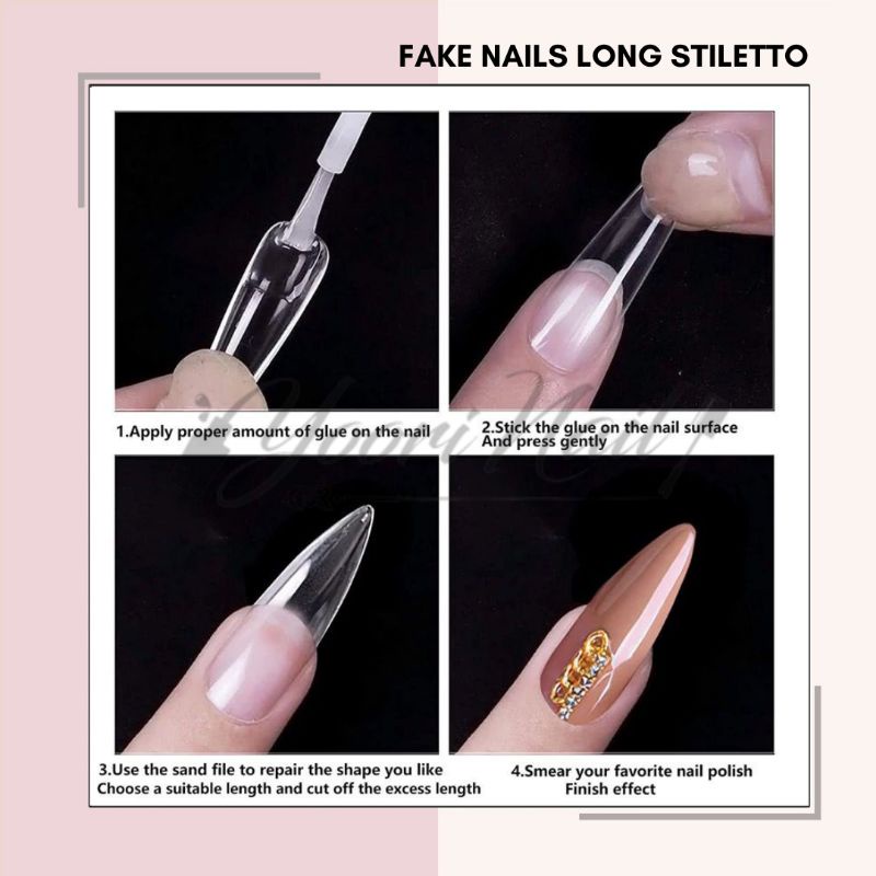 Fake nails long stiletto 500pcs kuku palsu runcing lancip sharp nails clear cream natural