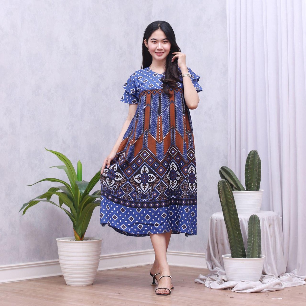 Daster Batik Lengan Pendek - Motif Daun - Leher Kancing (DPT001-133) Batik Prass-NYX BIRU