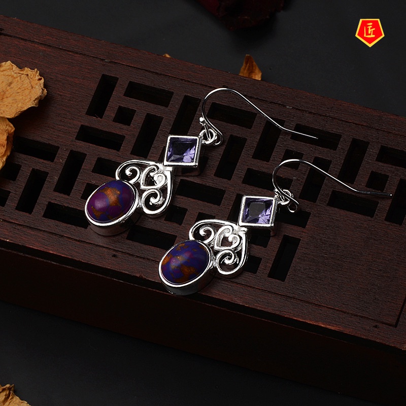 [Ready Stock]Vintage S925 Silver Charoite Earrings for Women Fashion