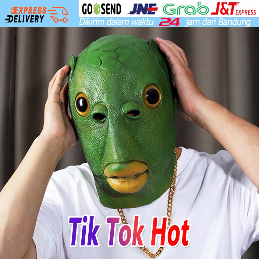 Mainan Topeng Cosplay Lucu Halloween Bentuk Kepala Ikan Warna Hijau Bahan Latex Topeng Pesta