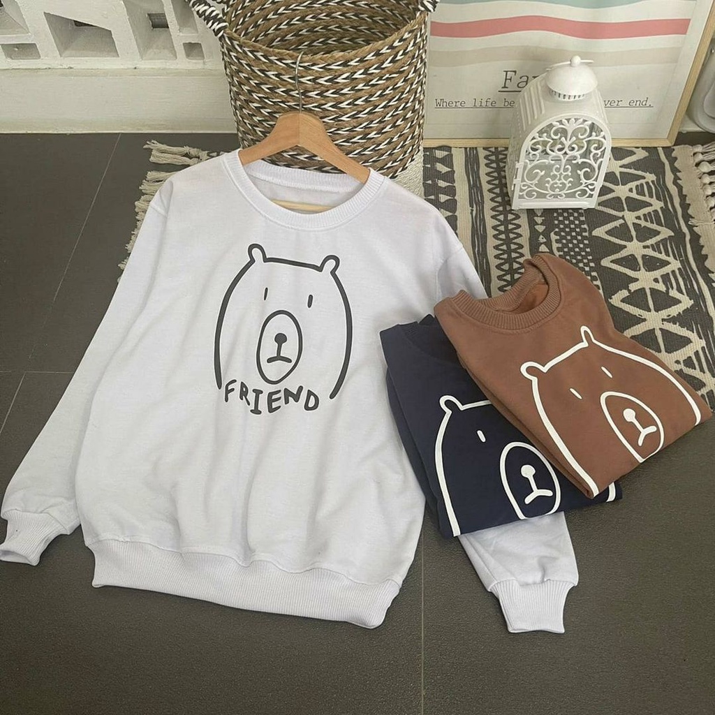 Sweatshirt Couple Sablon Printing Bear Friends Bahan Fleece Tebal