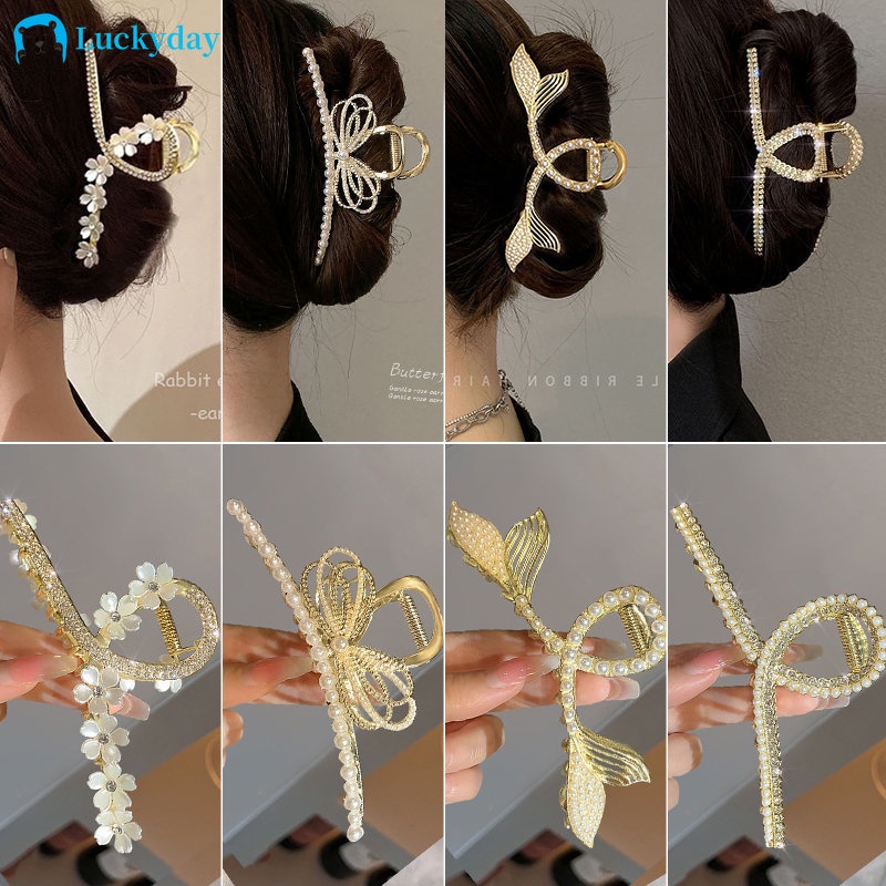 YEEZII Jepit Rambut Bentuk Ekor Ikan / Bunga / Kupu-Kupu Aksen Mutiara / Kristal Warna Gold / Silver Untuk Wanita