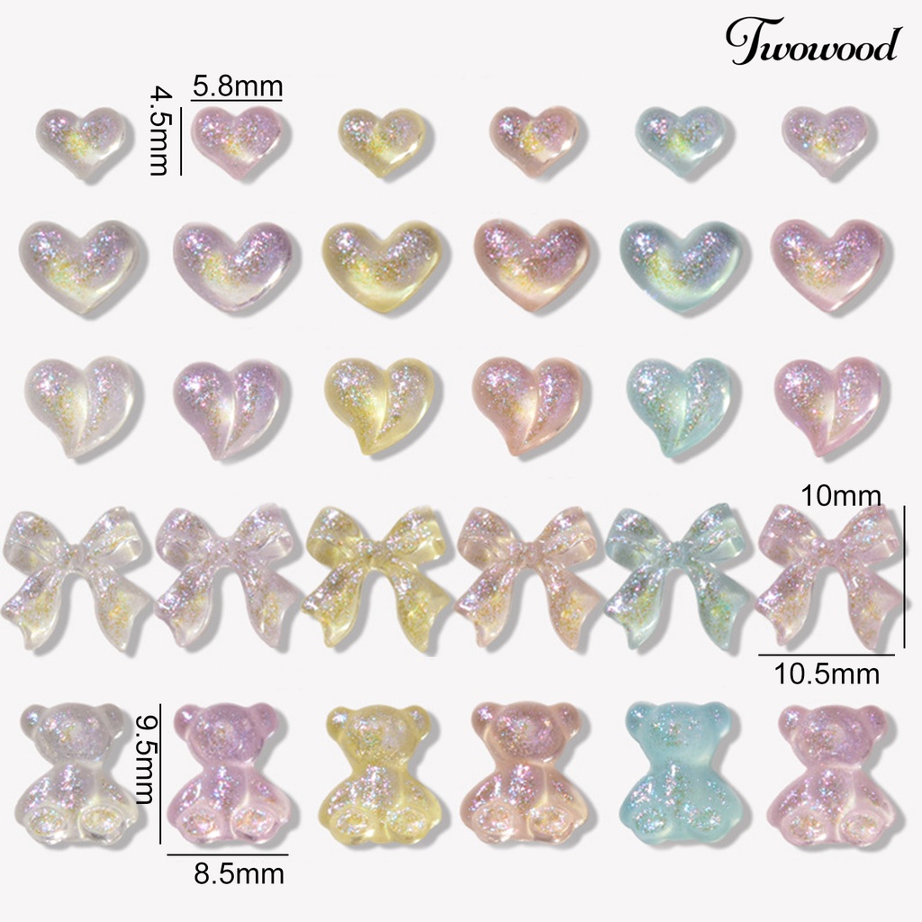 Twowood 50Pcs / Pak Charm Resin Transparan Bentuk Hati / Pita / Beruang Untuk Dekorasi Nail Art Charms