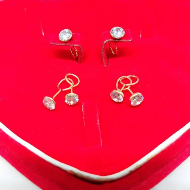 Giwang Toge Anak& Dewasa Bungkus Mata Berlian Putih Perak Asli 925/Silver Lapisan Emas Kuning Murni.