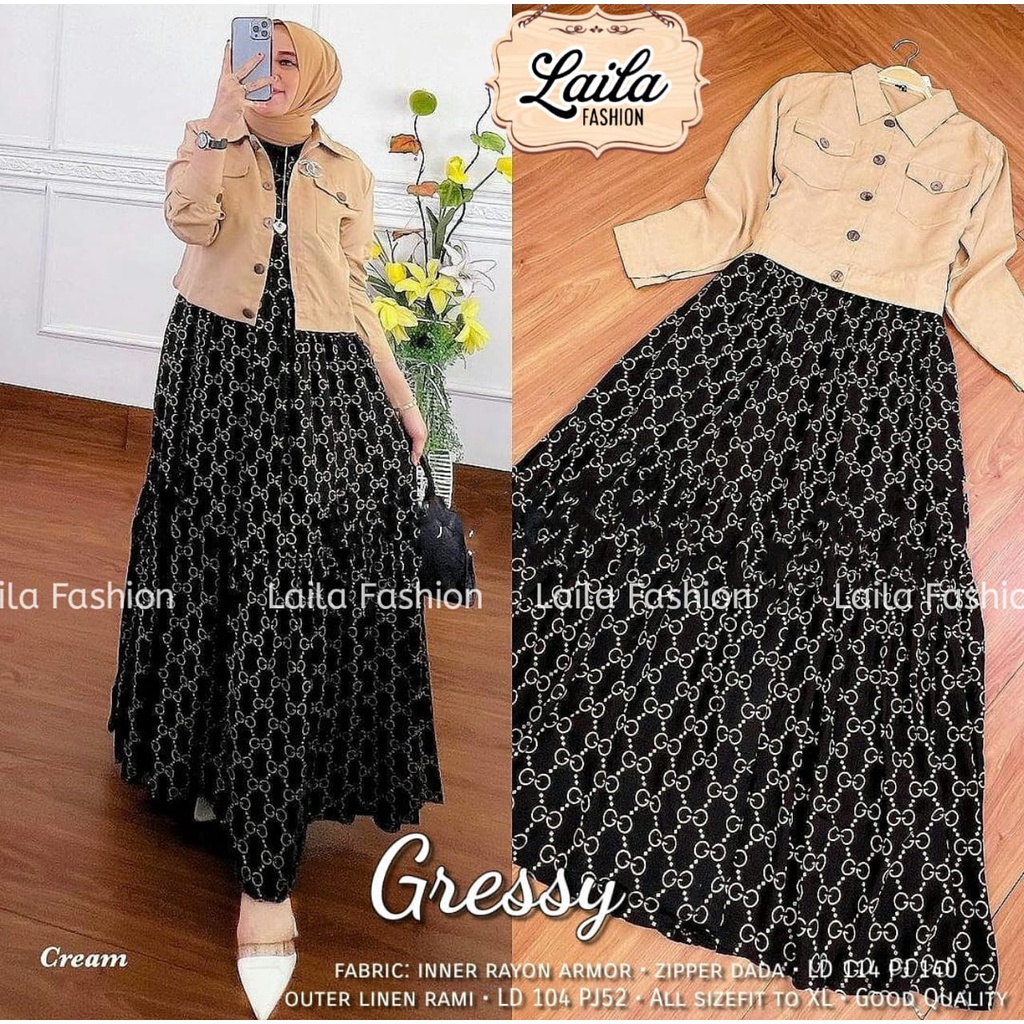 (NEW) Gressy Set/Setelan Gamis Dress Panjang Inner Kutung Rayon Amor Jumbo Dan Atasan Top Kemeja Cro