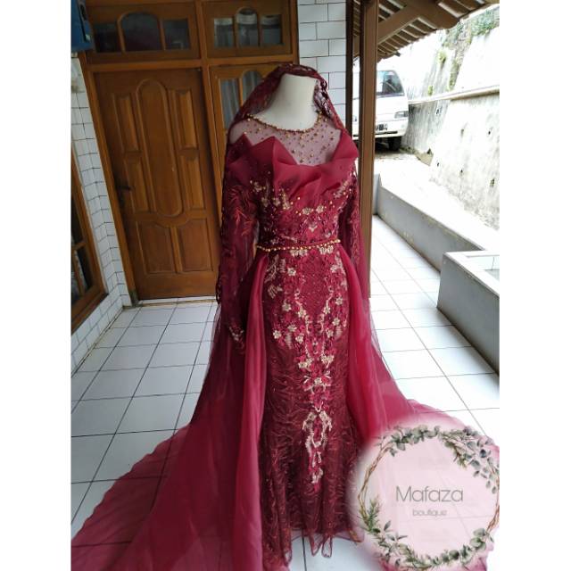 Kebaya wanita gaun maroon dres ekor organza