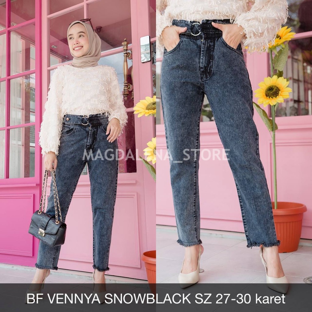 CELANA BOYFRIEND JEANS WANITA TERBARU BF JEANS PANJANG PREMIUM VENNYA SNOWBLACK