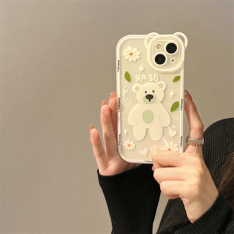 Soft Case Silikon Motif Kartun Beruang Putih Untuk Compatible for iPhone 14 13 12 11 Pro Max X Xr Xs Max SE 2020 iPhone 8 7 6 6s Plus Cute Cartoon Broken Flower Little White Bear Phone Case Bear Lens All-inclusive Silicone Phone Cover