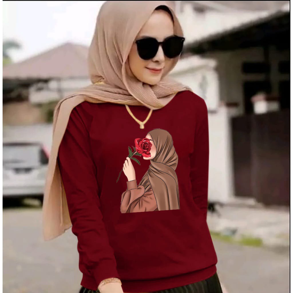 INDOSAN-BAJU HIJAB MAWAR-KAOS DISTRO PANJANG MOTIF GAMBAR DTF PRINTING-REAL PICT-BISA COD