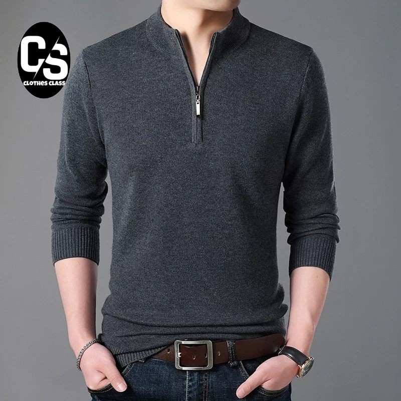 Sweater Rajut Pria Casual BerKerah Tinggi Resleting Cotton Rajut Halus Premium