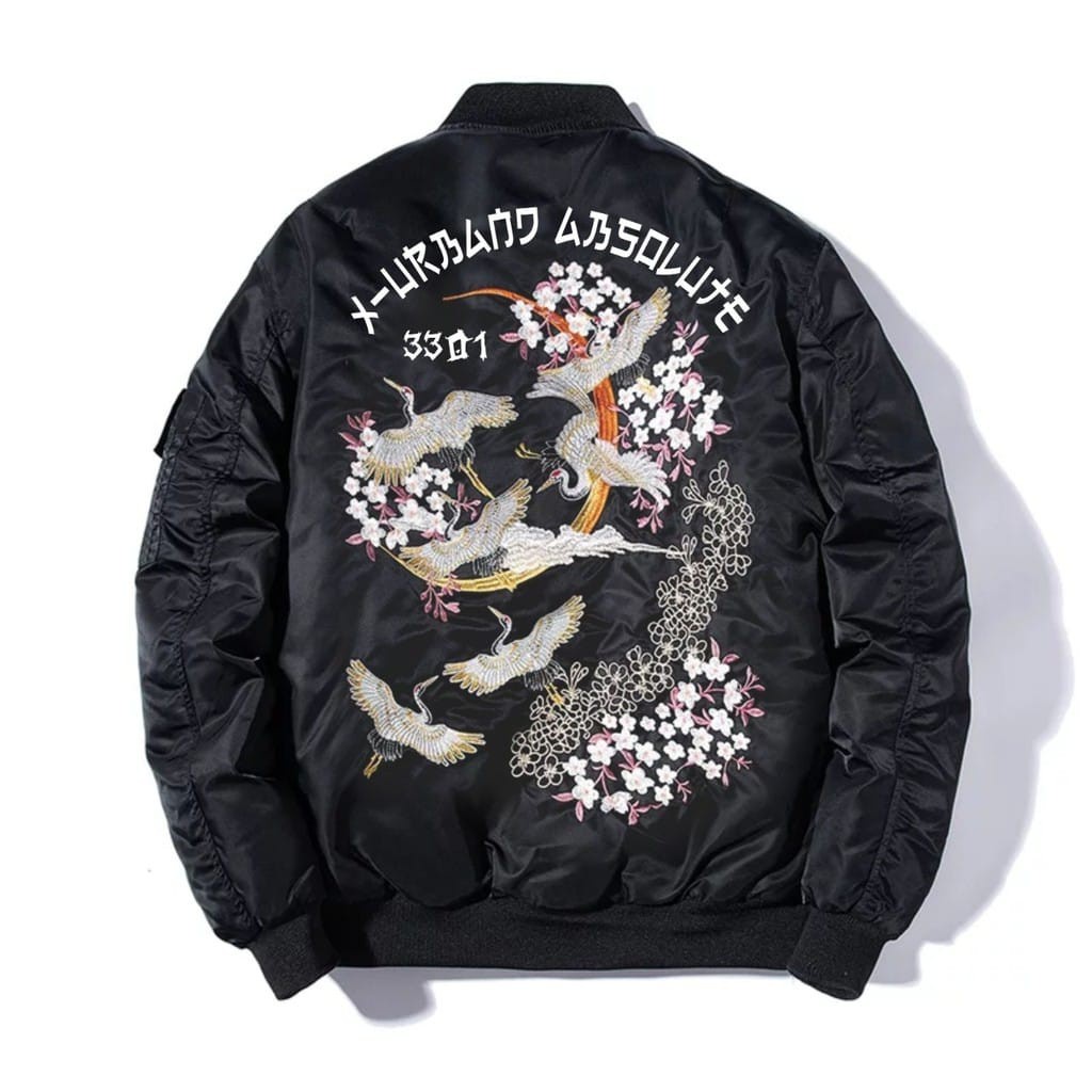 Jaket Bomber Motif Floral White Crane Gaya Fashionable Pria Wanita Original Bomber Sukajan Terbaru J