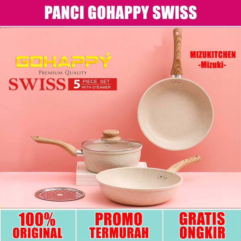 GOHAPPY PANCI SWISS SET Wokpan 24cm - Frypan - sauce pan BAHAN GRANITE CREAM TEBAL ( diatas marble teflon )