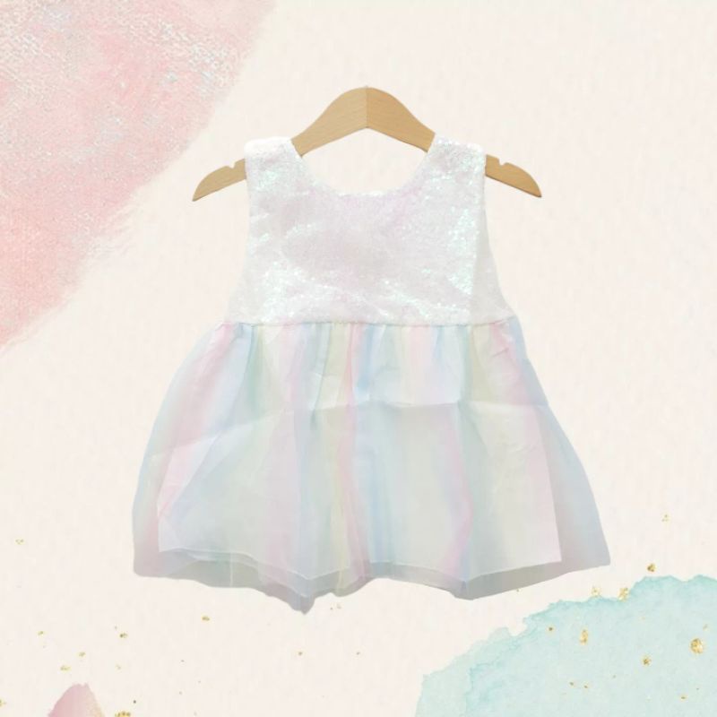 golden heart tutu dress / dress princess anak bayi / gaun pesta baby tile tule pink biru putih-Blink rainbow white