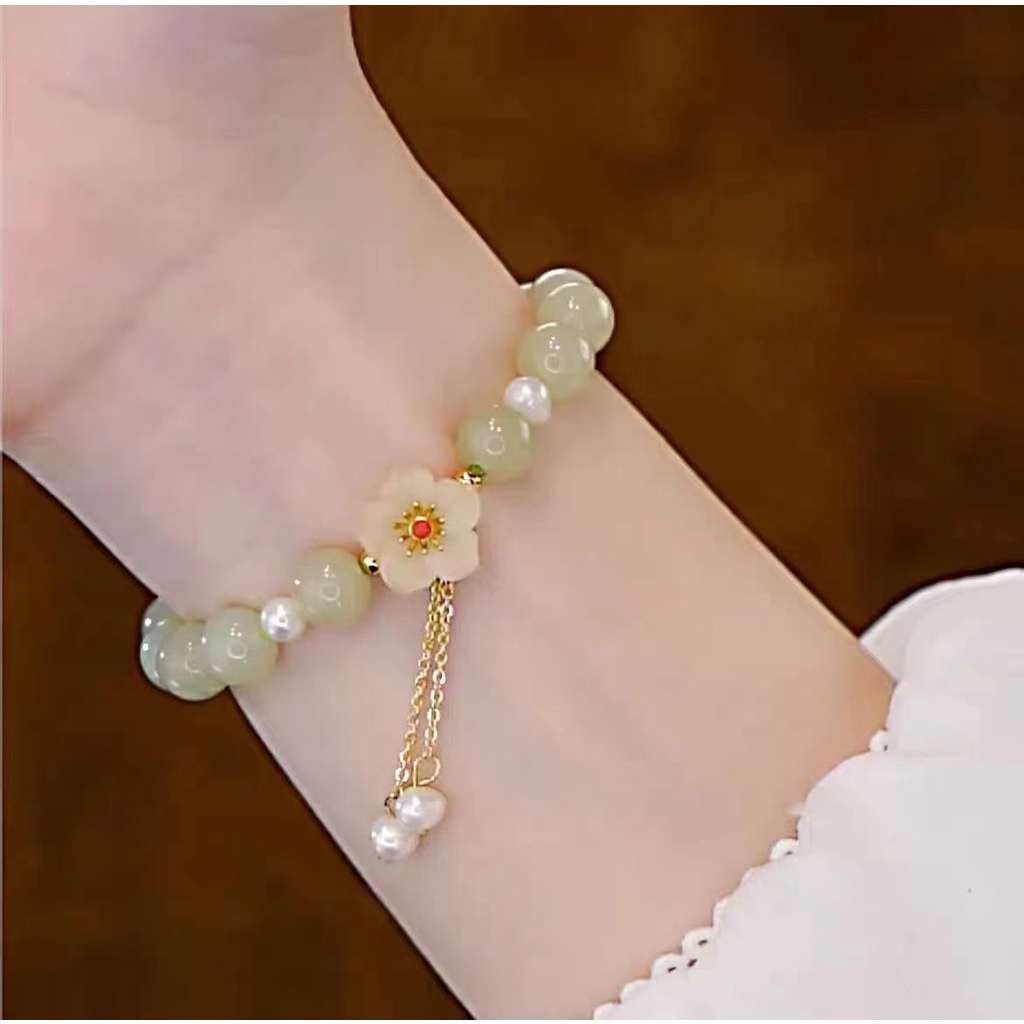 Gelang Tangan Manik-Manik Batu Jade Hetian Natural Aksen Buah Ceri Untuk Wanita ACKER