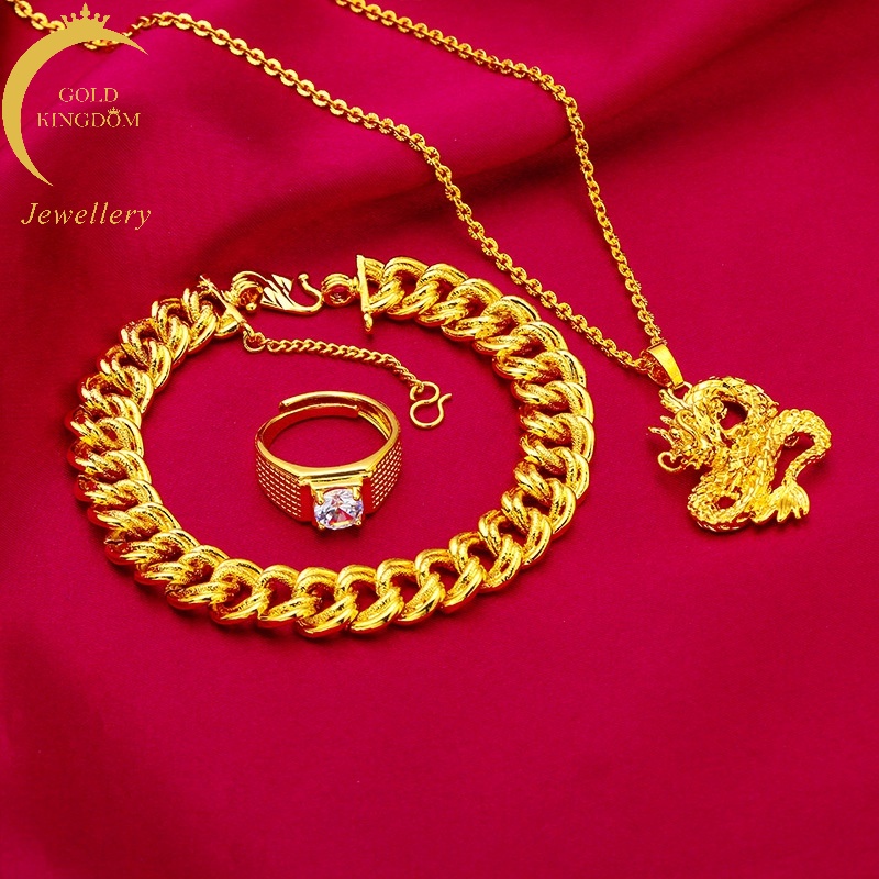 Kalung Liontin Cincin Emas Asli Kadar 375 Motif Naga Aksen Berlian Putih Untuk Pria