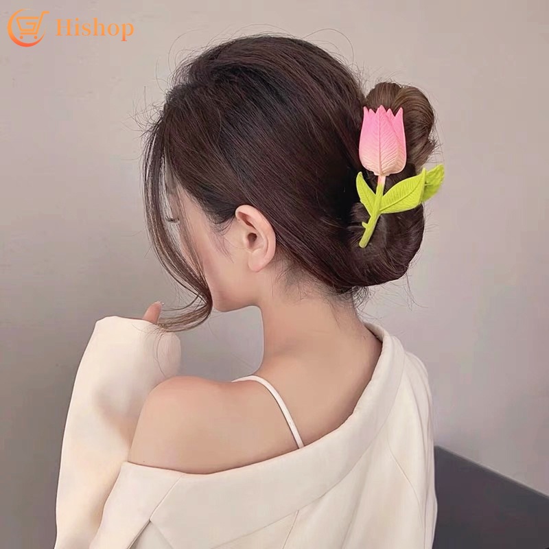 Jepit Rambut Bentuk Bunga Tulip Warna Pink Bahan Alloy Untuk Wanita