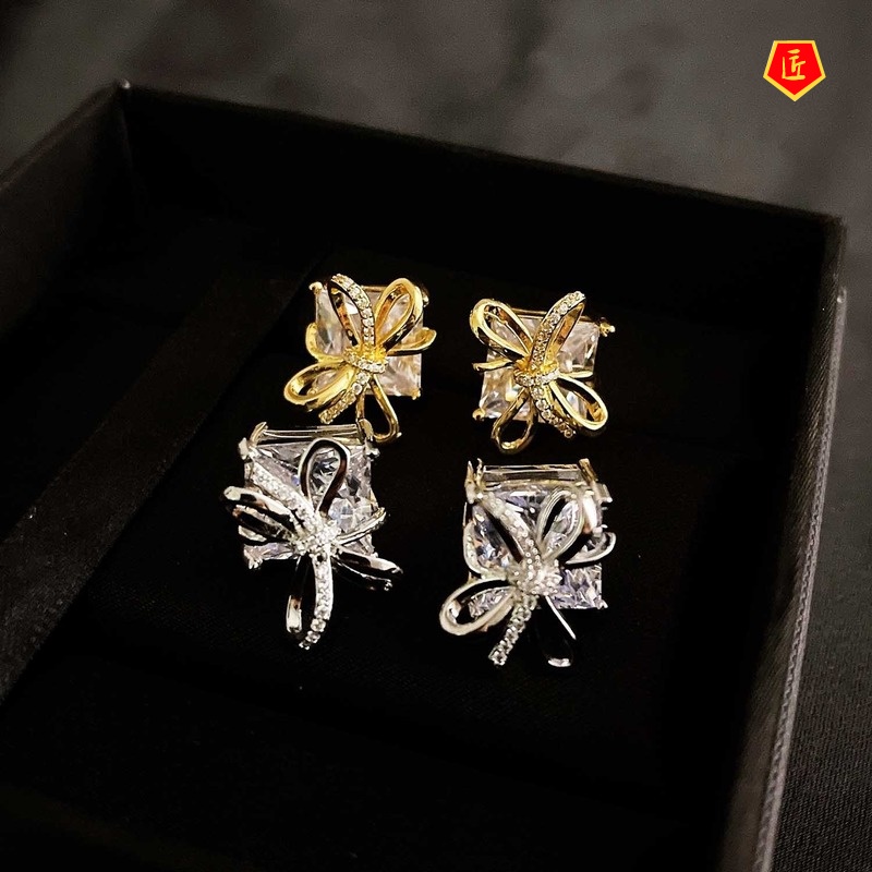 [Ready Stock]S925 Silver Stud Earrings Gift Box Shape Diamond Bow Design