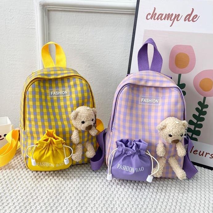 Promo Sekarang [Bos]Tas Ransel Anak Boneka Karakter Teddy Bear &amp; kucing motif kotak-kotak import