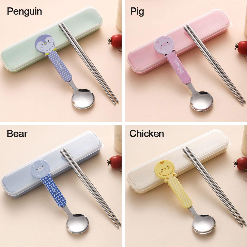 Solighter 2Pcs/Set Peralatan Bayi Bentuk Kartun Stainless Steel PP Handle Sendok Garpu Anak