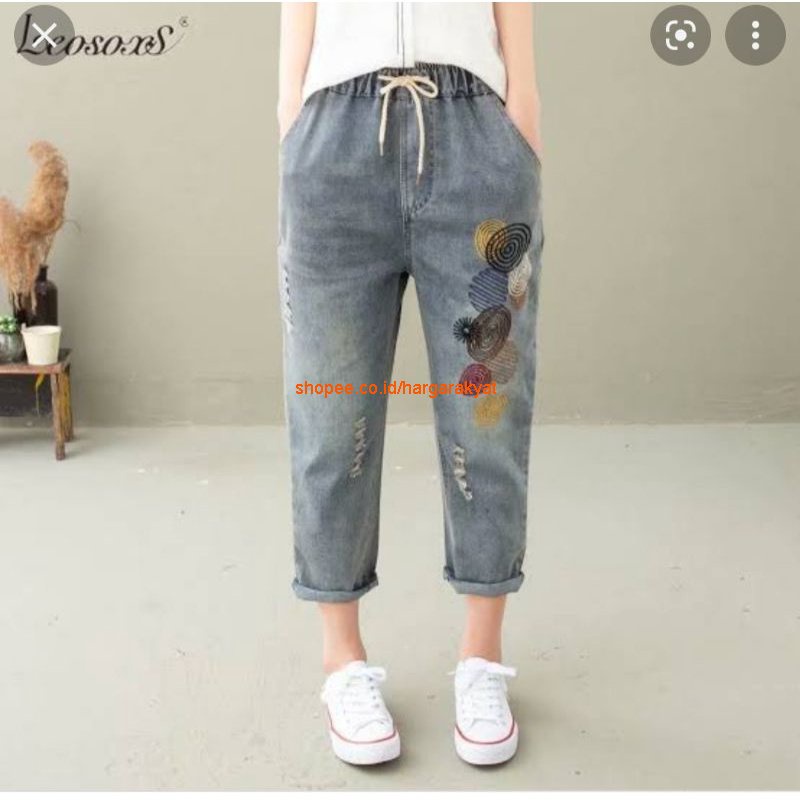 HARAJUKU PANTS Celana Jeans Bordir Wanita Motif Garis Lingkar Pinggang Karet