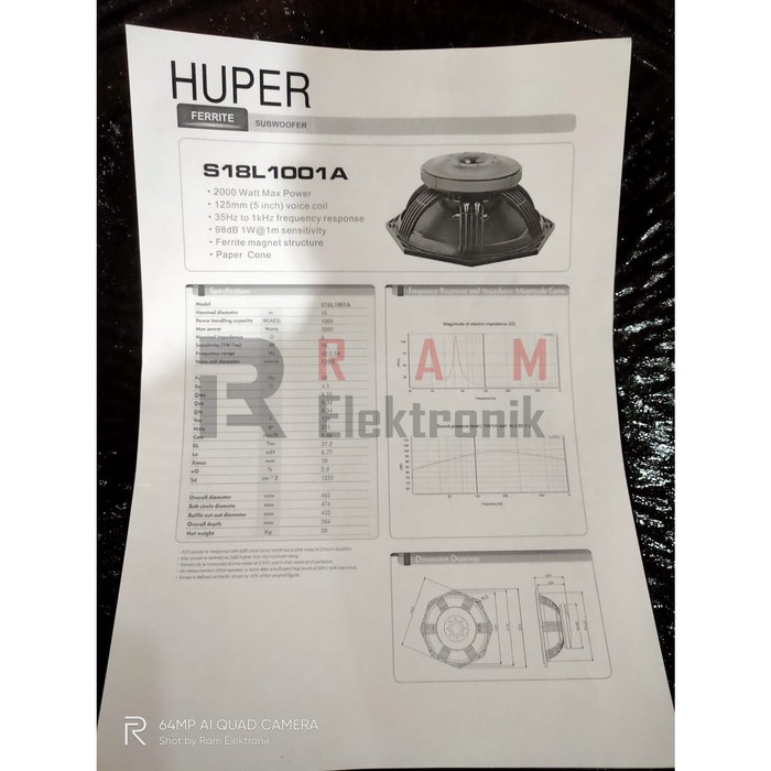 Komponen Speaker 18 Inch HUPER S18L1001A | S18L 1001A | S18 L1001 A Original 1000 Watt