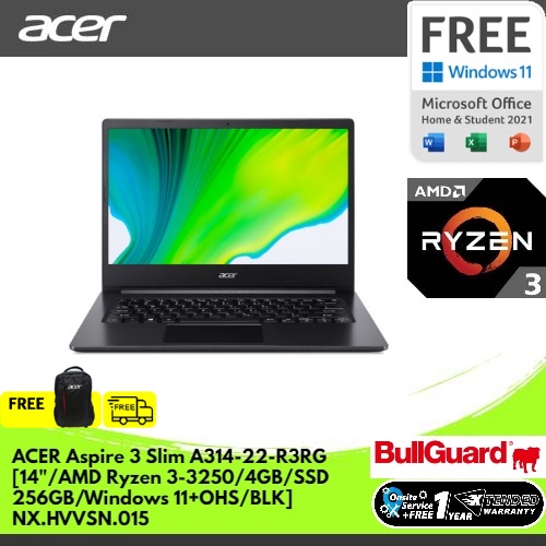 ACER ASPIRE 3 SLIM A314-22-R3RG [14"HD/AMD RYZEN 3-3250/4GB/SSD 256GB/WINDOWS 11+OHS/BLACK] NX.HVVSN.015