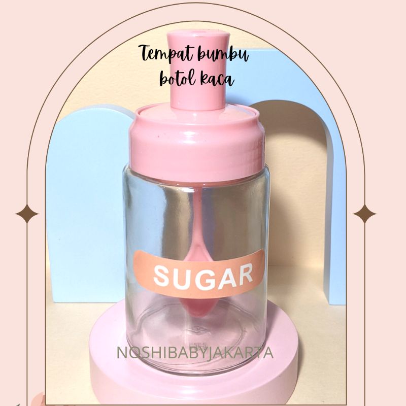 Tempat Bumbu Dapur Botol Kaca &amp; sendok warna Pink/Biru/Hijau / spices Glass Jar