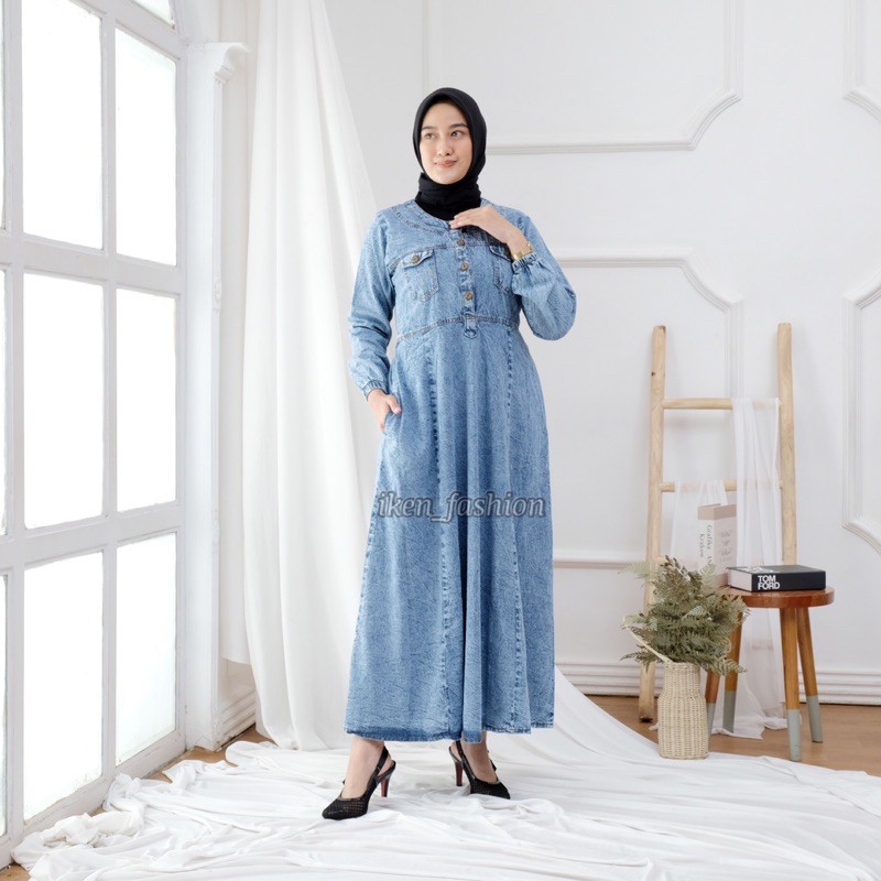 Gamis jeans cantik kekinian warna snow JUMBO