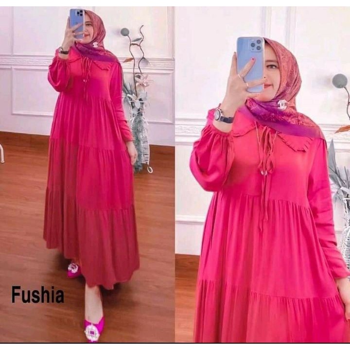 Gamis Terbaru Velove Susun Jumbo Polos Rayon Premium Dress Wanita Susun Lengan Panjang Baju Wanita Busui Kekinian LD 120 cm