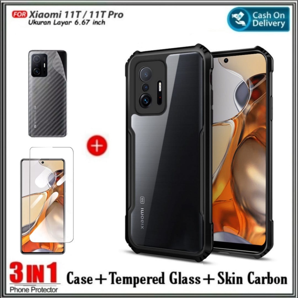 Paket 3in1 Case Xiaomi 11T / 11T Pro HardCase Fusion &amp; Tempered Glass Clear + Garskin Carbon