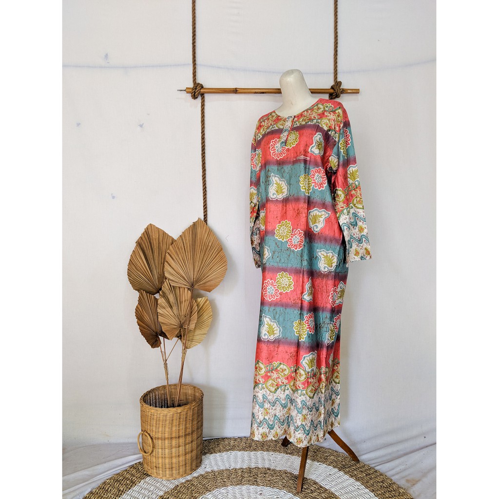 Daster Panjang Lengan Panjang Jumbo Long Dress Big Size Batik Bahan Rayon Nyaman Hijab Ibu Rumah Tangga Orang Tua