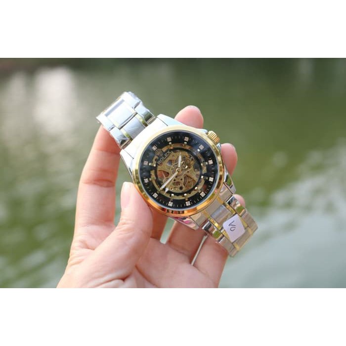 JAM TANGAN PRIA ROLEX AUTOMATIC SKELETON BESAR SILVER GOLD (BLACK GOLD