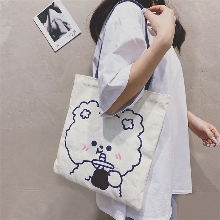 Drozenb Tas Tote Wanita Bahan Canvas Model Korea Motif Kartun/Totebag Canvas Korea/Tas Totebag Fashion Resleting/Tas Totebag Kekinian/Totebag Casual Bahan Canvas/Tas Tote Harajuku