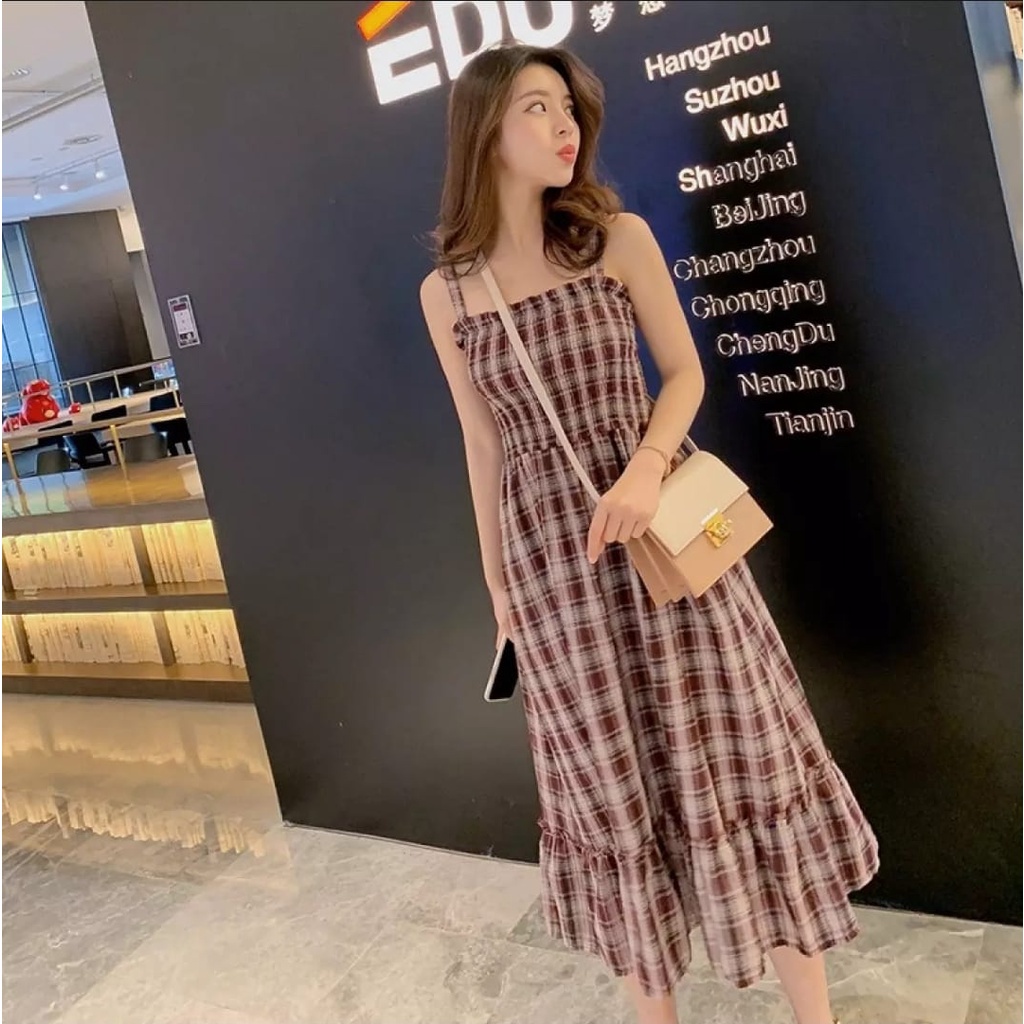 BEFAST - ZEC OOTD Wanita Dress HANJIEN / Happy Dress / Dress Model Korean / Dress Motif Kotak-Kotak / Dress Unik Wanita / Dress Pesta / Dress OOTD Ala Wanita Korean