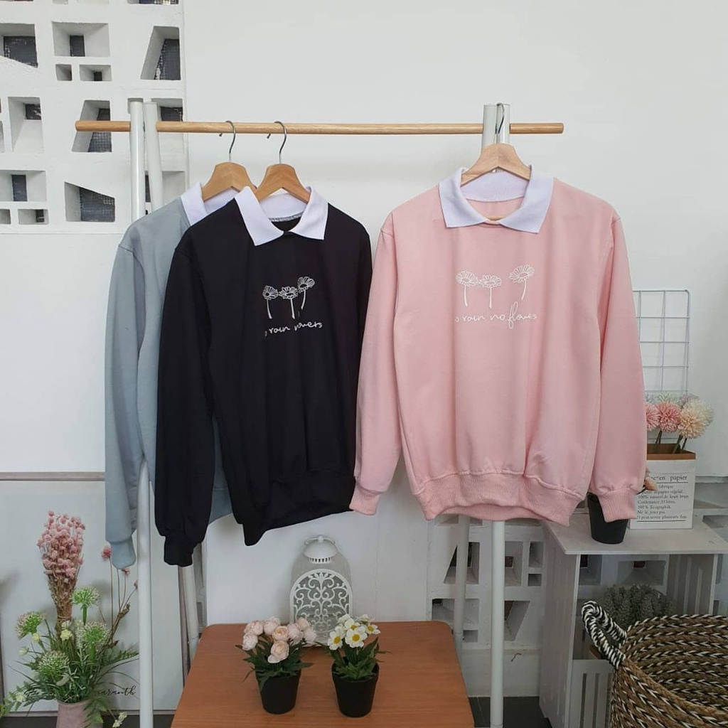 Sweater Wanita Crewneck No Rain No Flower Vintage Style Bahan Fleece