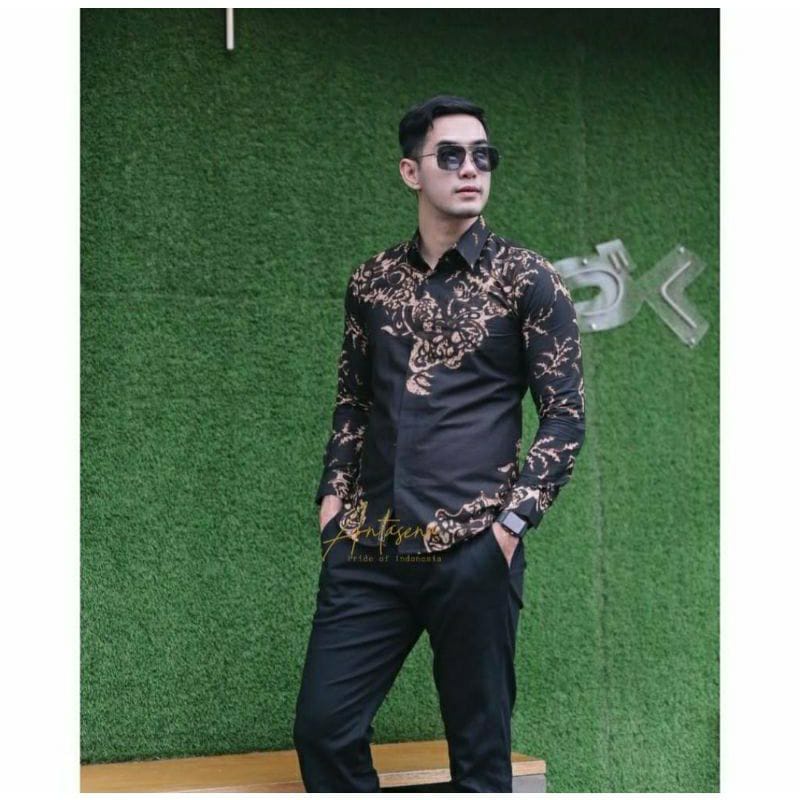 RANU KUMBOLO KEMEJA BATIK PRIA LENGAN PANJANG SLIMFIT LAPISAN FURING - BATIK PRIA LENGAN PANJANG PREMIUM MODERN JUMBO ANAK MUDA HITAM