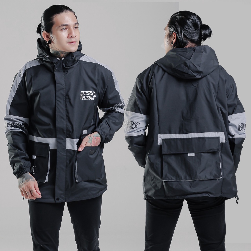 DOUBLE ONE - Jaket Parka Hoodie Parasut Pria / Jaket Parasut Pocket / Jaket Parka Waterproof / Jaket Anti Air / Jaket Taslan Hitam List Abu