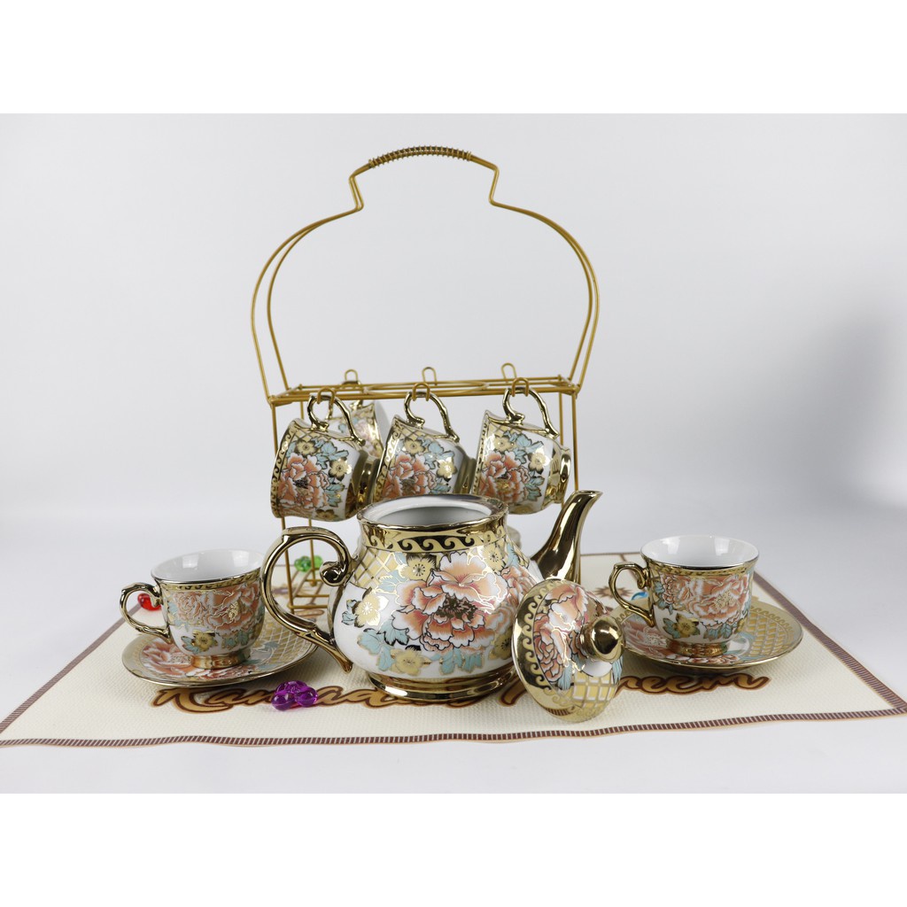 TEKO CANGKIR SET + RAK / TEA SET MOTIF BUNGA