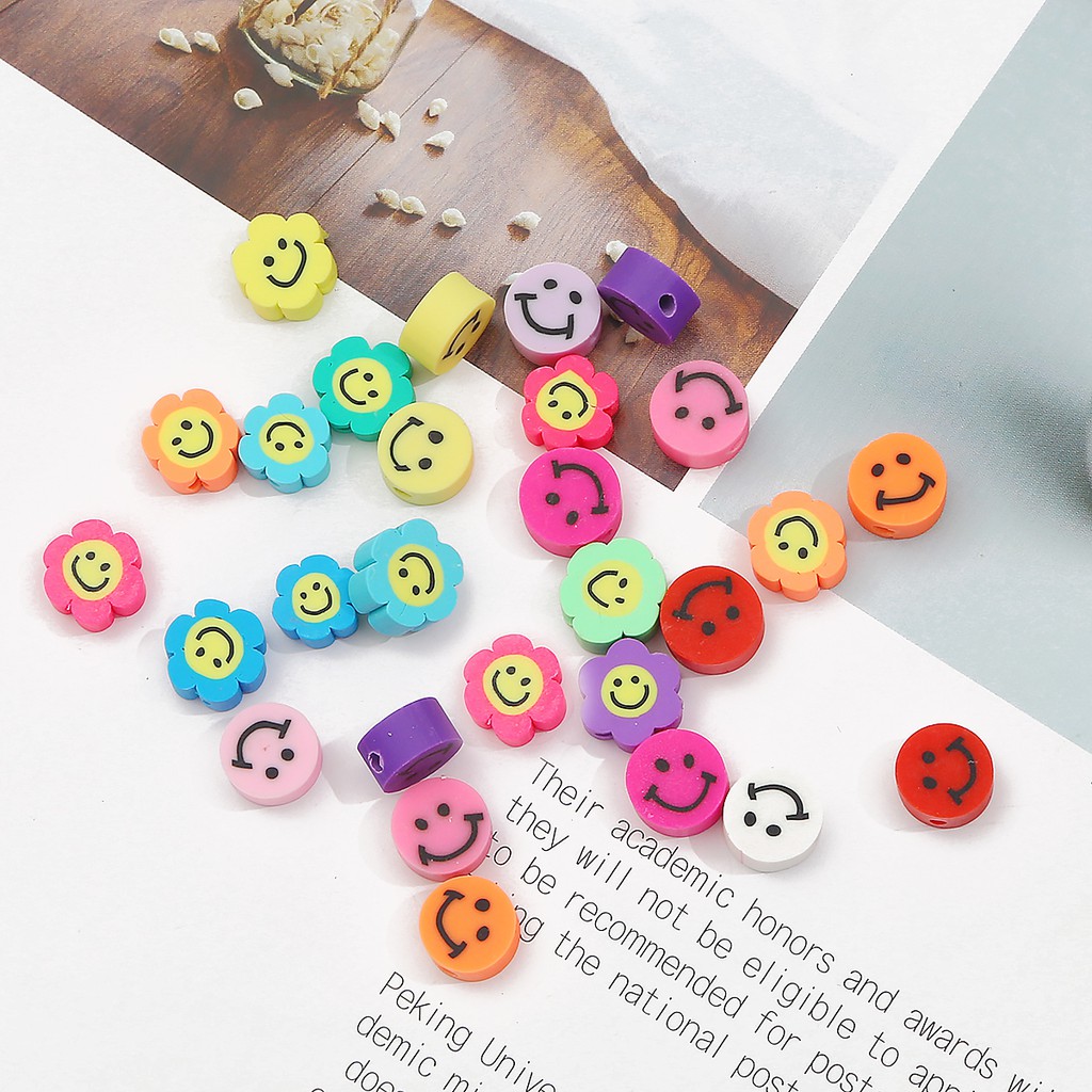 10pcs Manik-Manik Bahan Polymer Clay Desain Wajah Tersenyum Ukuran 10mm Gaya Boho Untuk Membuat Perhiasan