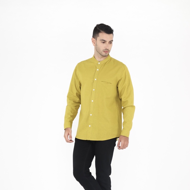 Yobebee Kemeja Pria Dewasa Linen Tangan Panjang Baju Muslim Atasan Polos Slim Fit Kemeja Koko Chiangi Kerah Laki Laki Baju Couple Anak dan Ayah-Limegreen