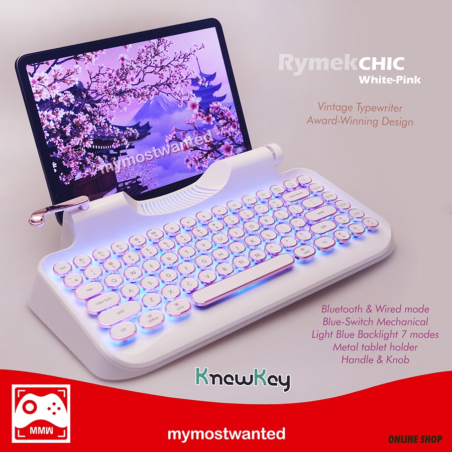 KNEWKEY Rymek CHIC Mechanical Bluetooth Keyboard Retro Vintage Classic Typewriter  Pink White