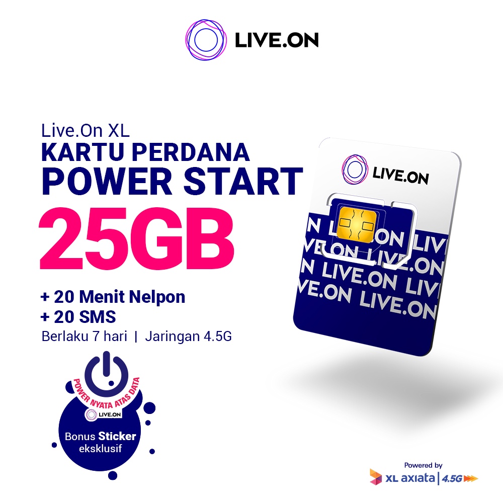 Kartu Perdana Live.On Power Start 25GB (7 hari) Jaringan 4.5G Gratis 20 Menit Nelpon + 20 SMS + Sticker I