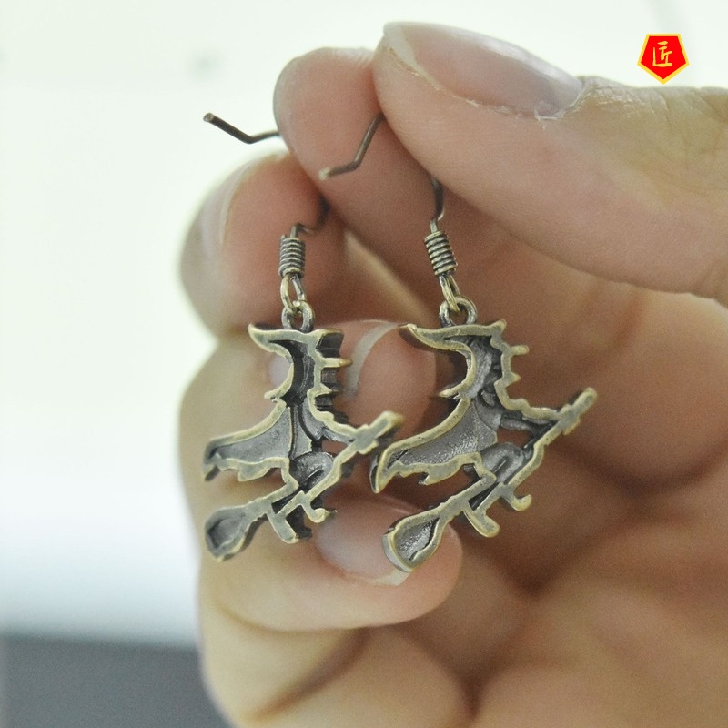 [Ready Stock]Flying Witch Broom Earrings Halloween Retro