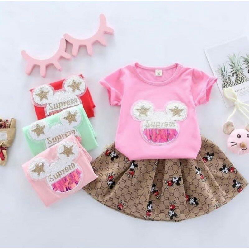 Set Rok Gucci Mickey Sequin (1-4th) Setelan Import - baju anak perempuan cewek murah
