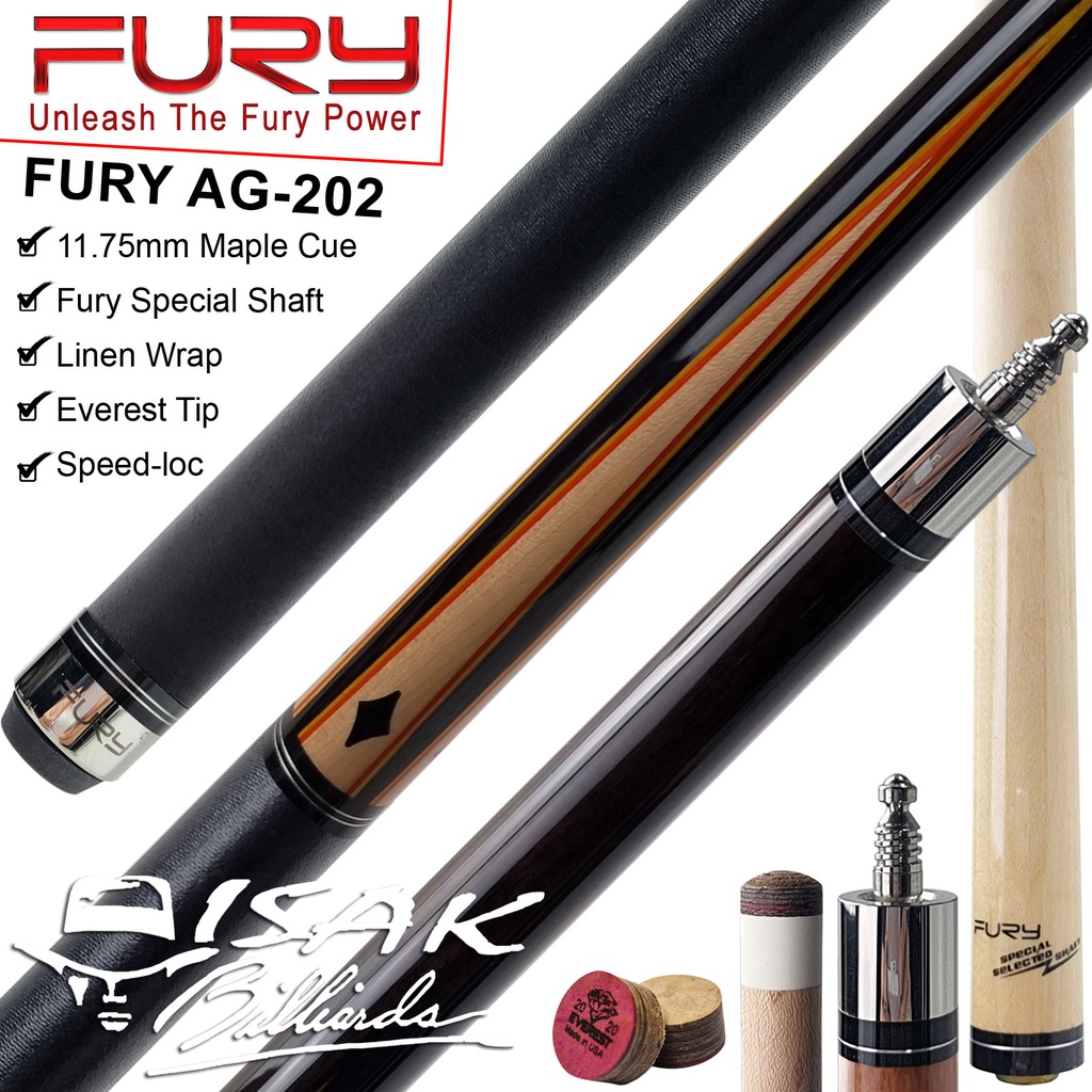 Fury AG-202 Cue 11.75 mm Maple Pool Billiard Stick Stik Biliar Everest Tip Linen Grip Asli