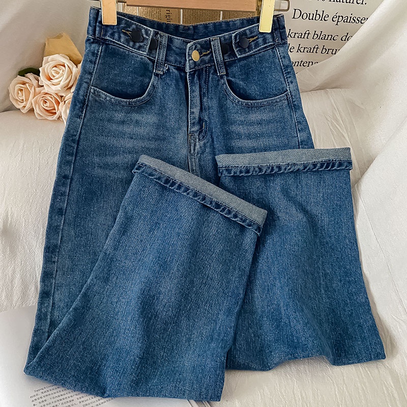 korean style biru laut vintage loose straight high waist celana jeans wanita(gambar fisik)