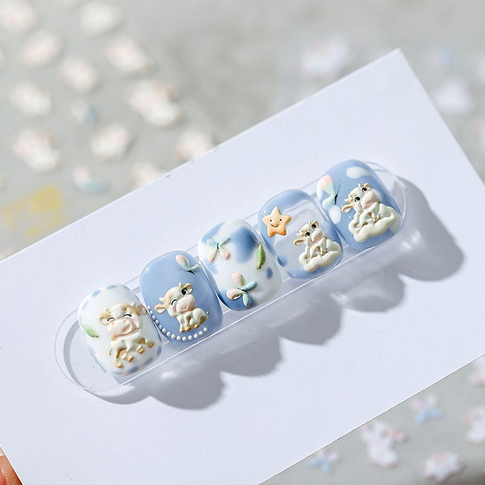 Agustina Kartun Stiker Kuku Lucu 3D Relief Ternak Penguin Beruang Perekat Diri Nail Art Dekorasi