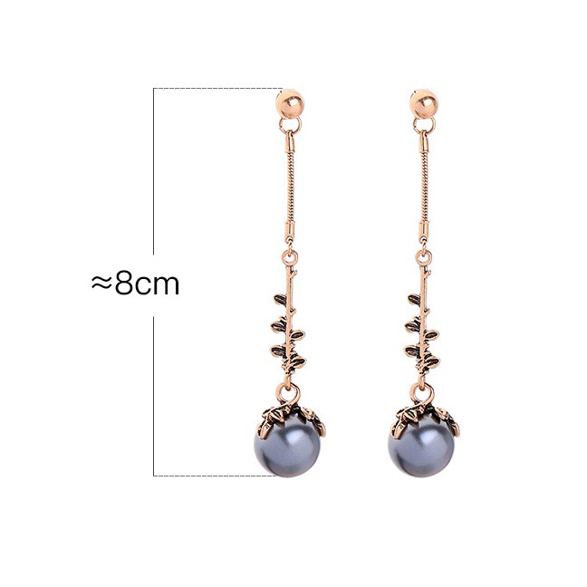 LRC Anting Tusuk Fashion Bronze Long Leaf Pearl Stud Earrings F55508