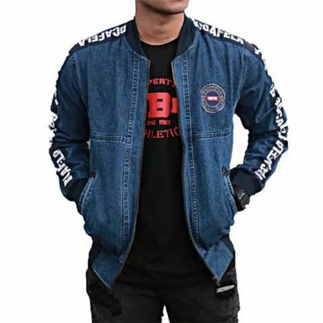 TURUN HARGA!! JAKET JEANS PRIA COWOK JAKET BOMBER JEANS LIST COWOK TAPING ORIGINAL ROCAFELA